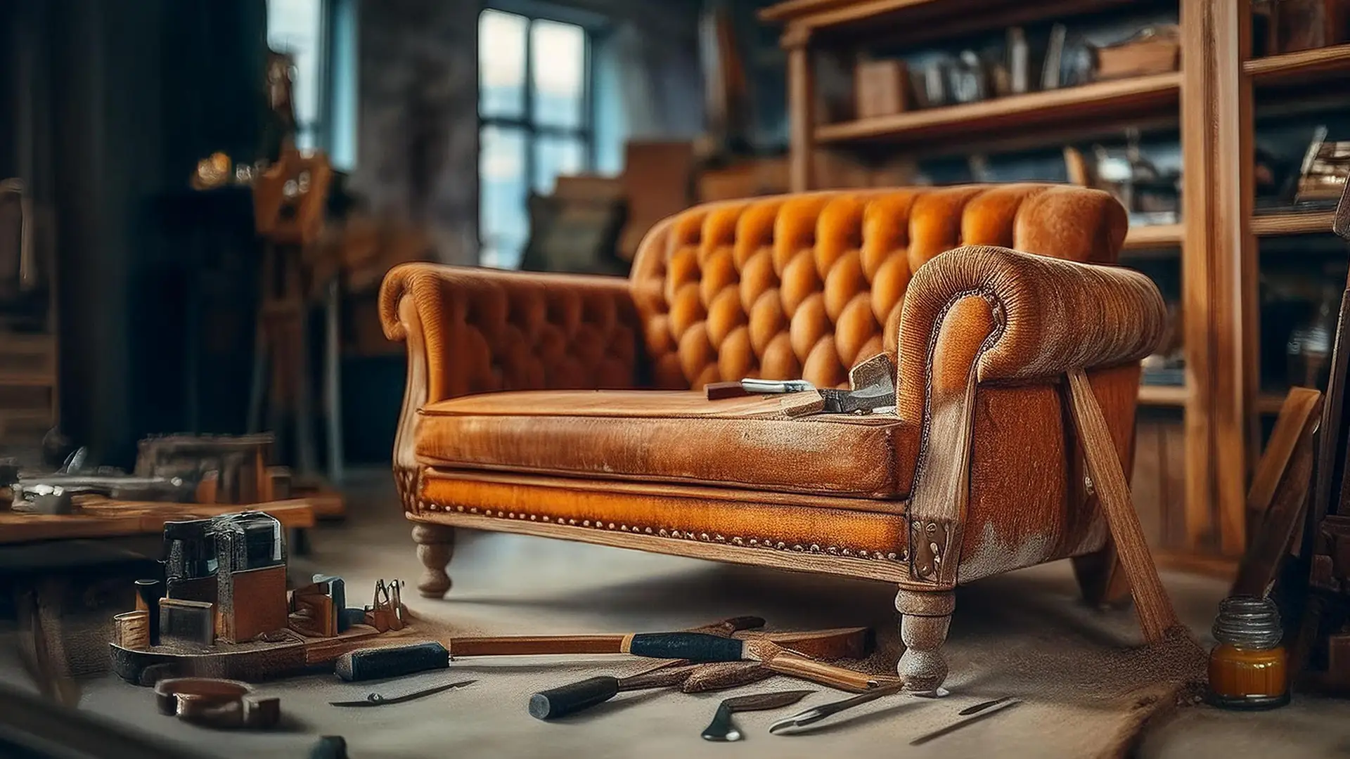 orange brown upholsterd chair in upholstery workshop